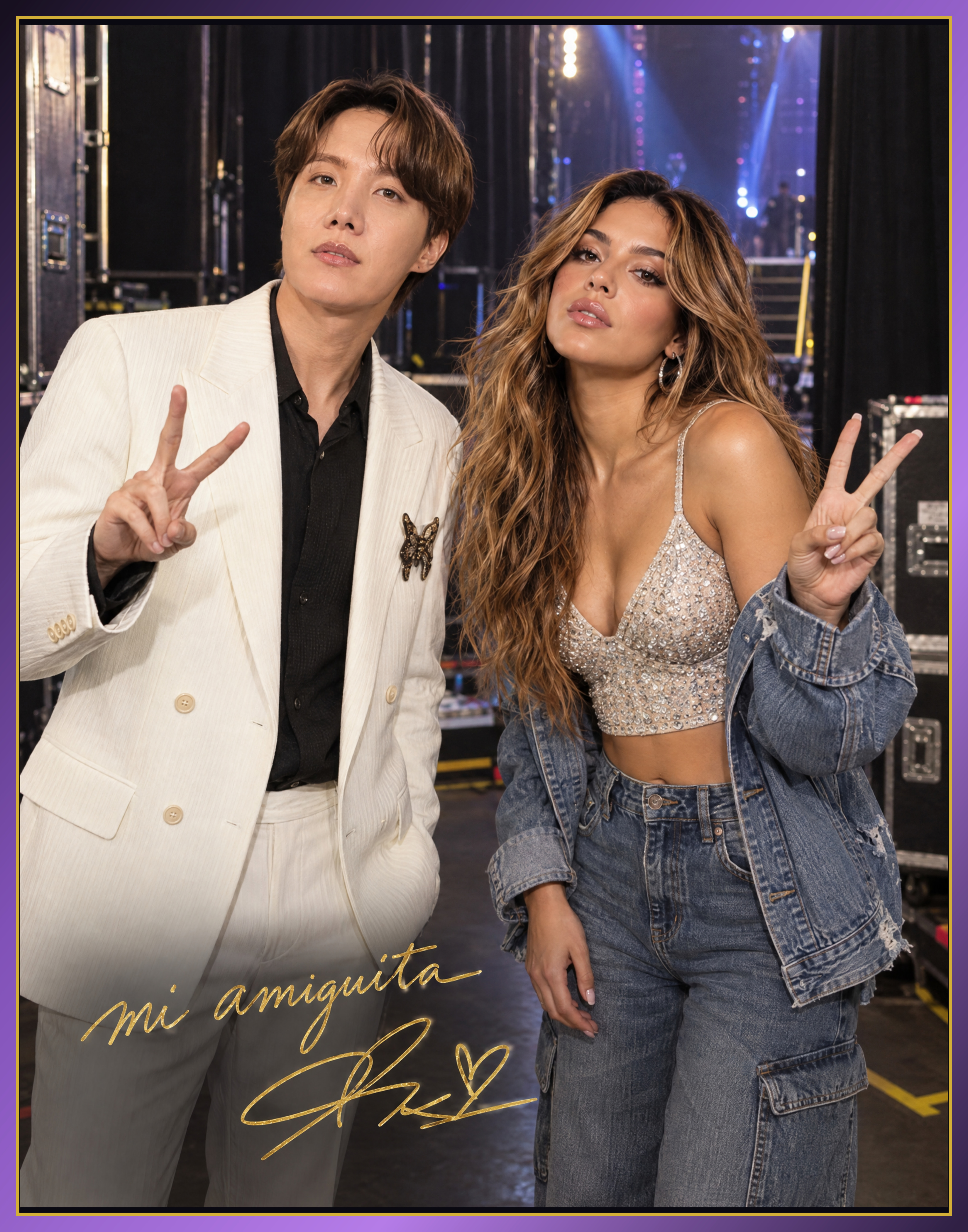 Ejemplo de póster FANSHOTY en backstage con dedicatoria dorada