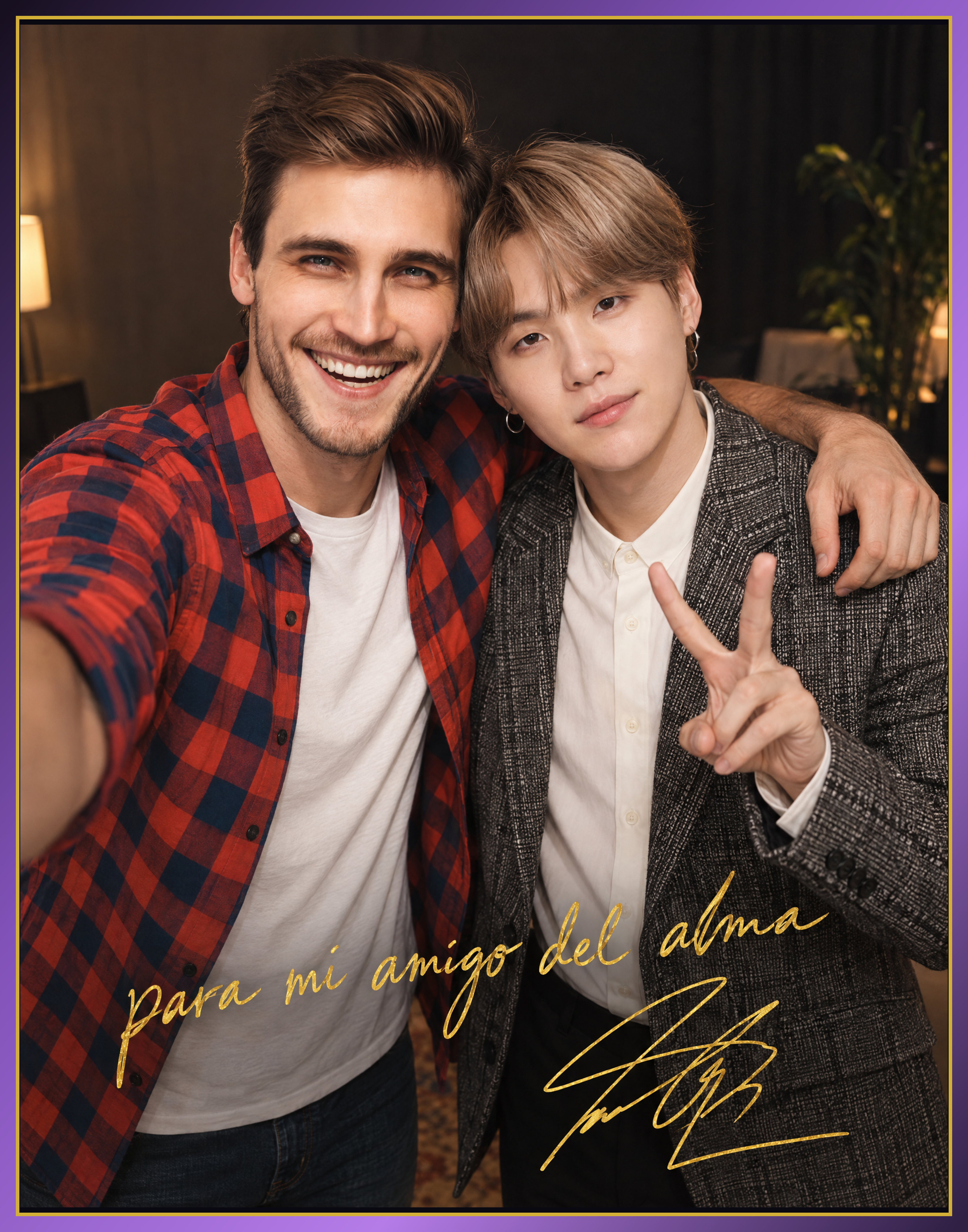 Ejemplo de póster FANSHOTY con dedicatoria y firma doradas